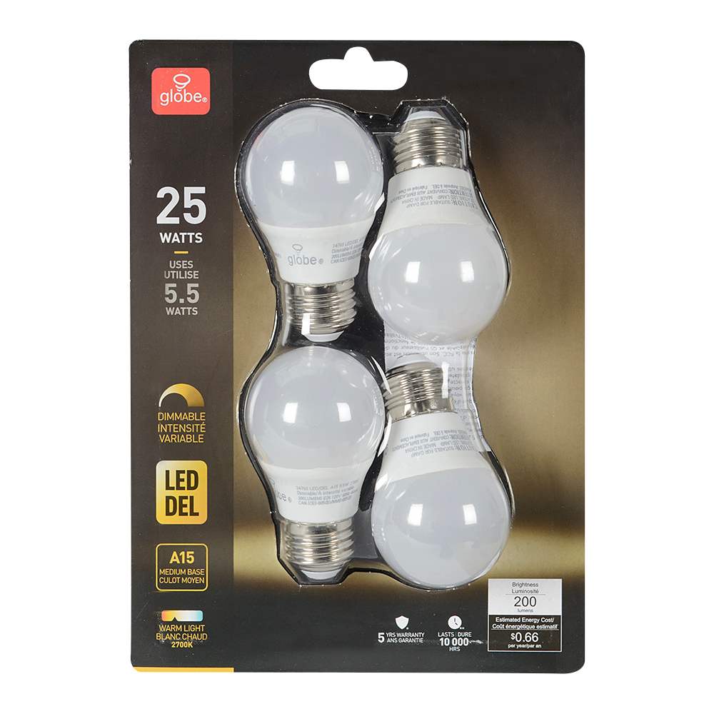 Ampoules DEL A15 blanc chaud 5,5 W Pqt/4