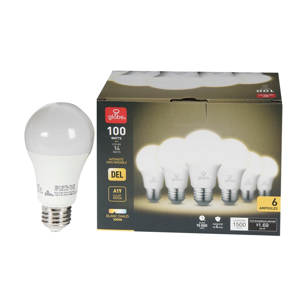 Ampoule DEL A19 blanc chaud 14 W Pqt/6