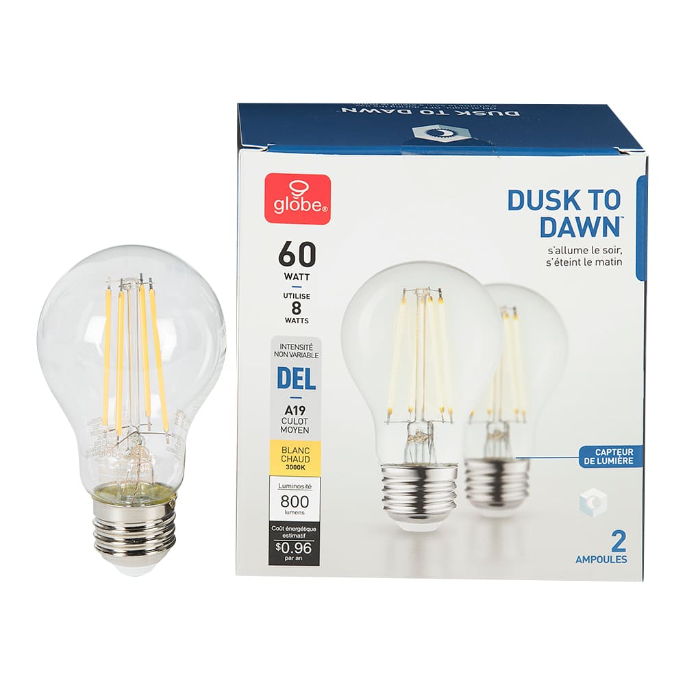Ampoule DEL A19 Dusk to Dawn 8 W Pqt/2