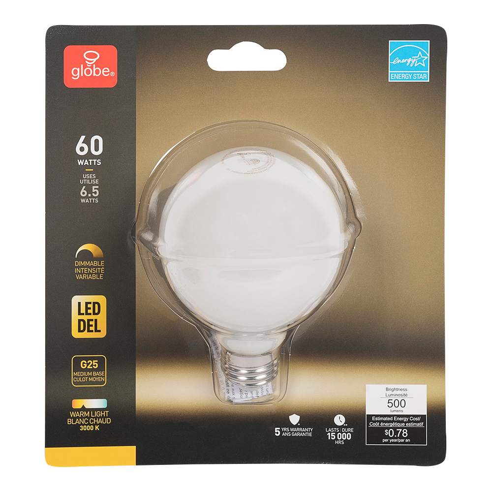 Ampoule DEL G25, 6,5 W blanc chaud