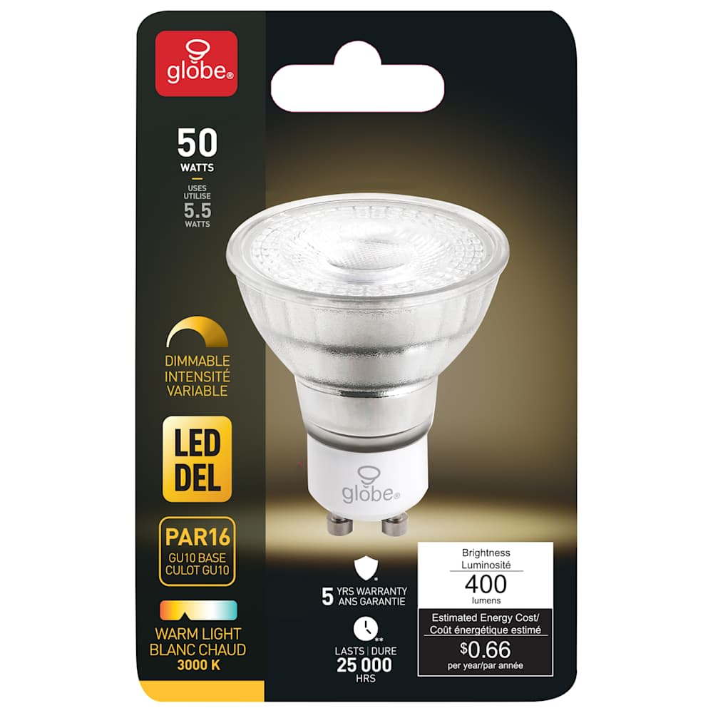 Ampoule-réflecteur DEL GU10 PAR16, 5,5 W blanc chaud
