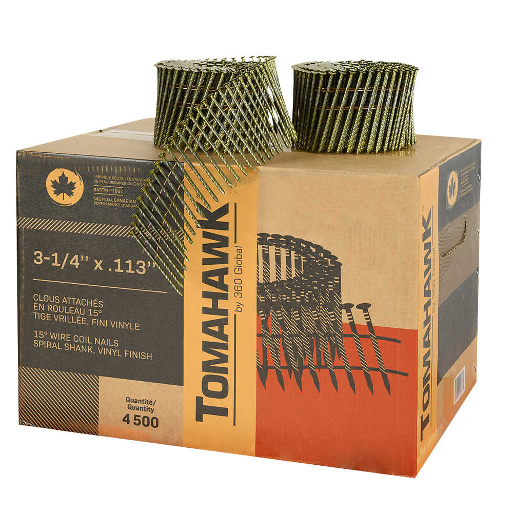 Clous à charpente vrillés 3 1/4 po en rouleau 15° Pqt/4 500