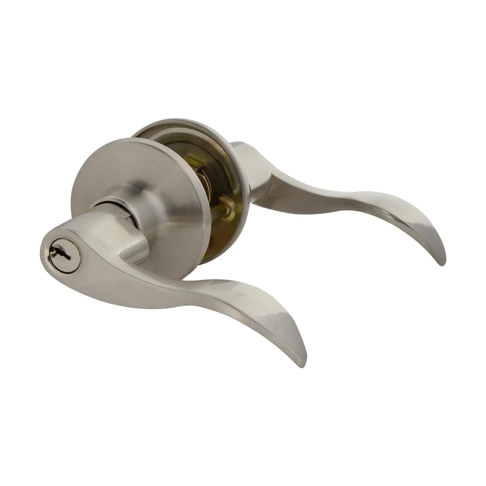 Poignée de porte d'entrée à clé bec-de-cane Wave nickel satiné