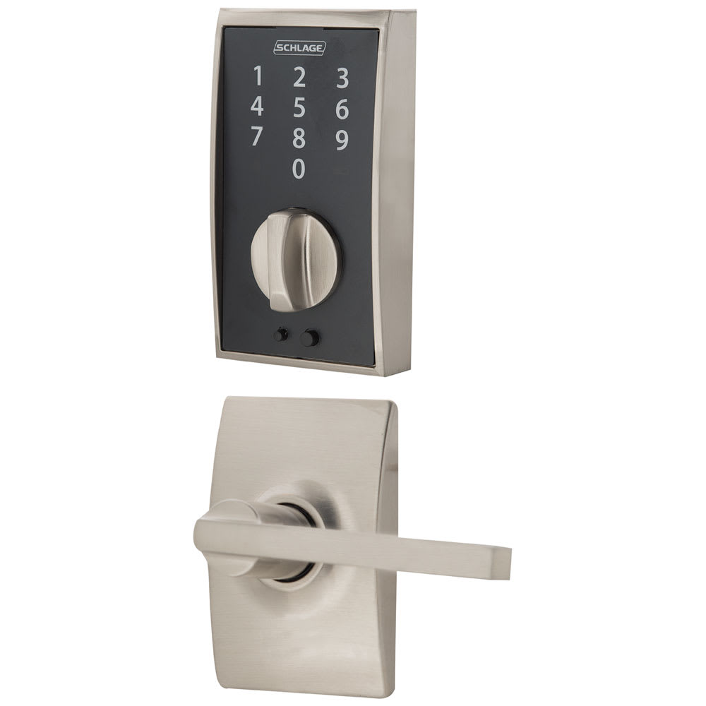 Serrure de porte d'entrée électronique à clavier numérique et poignée bec-de-cane Century nickel satiné