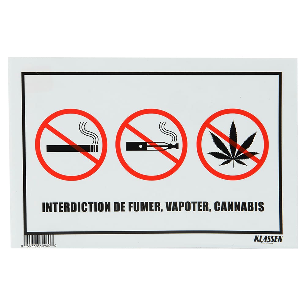 Interdiction de Fumer, Vapoter, Cannabis Sign 8 in. x 12 in.