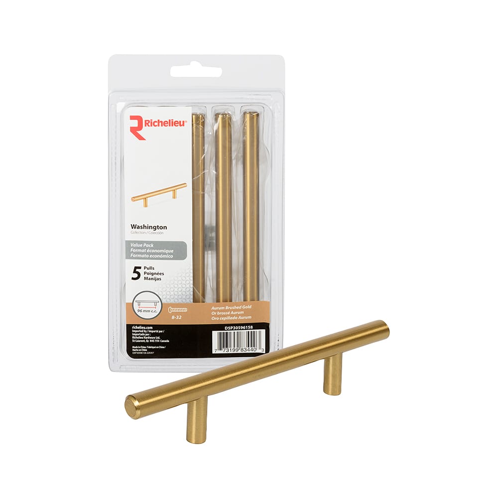 RICHELIEU Washington Metal Cabinet Handles Brushed Aurum Gold 96 mm c/c Pkg/5