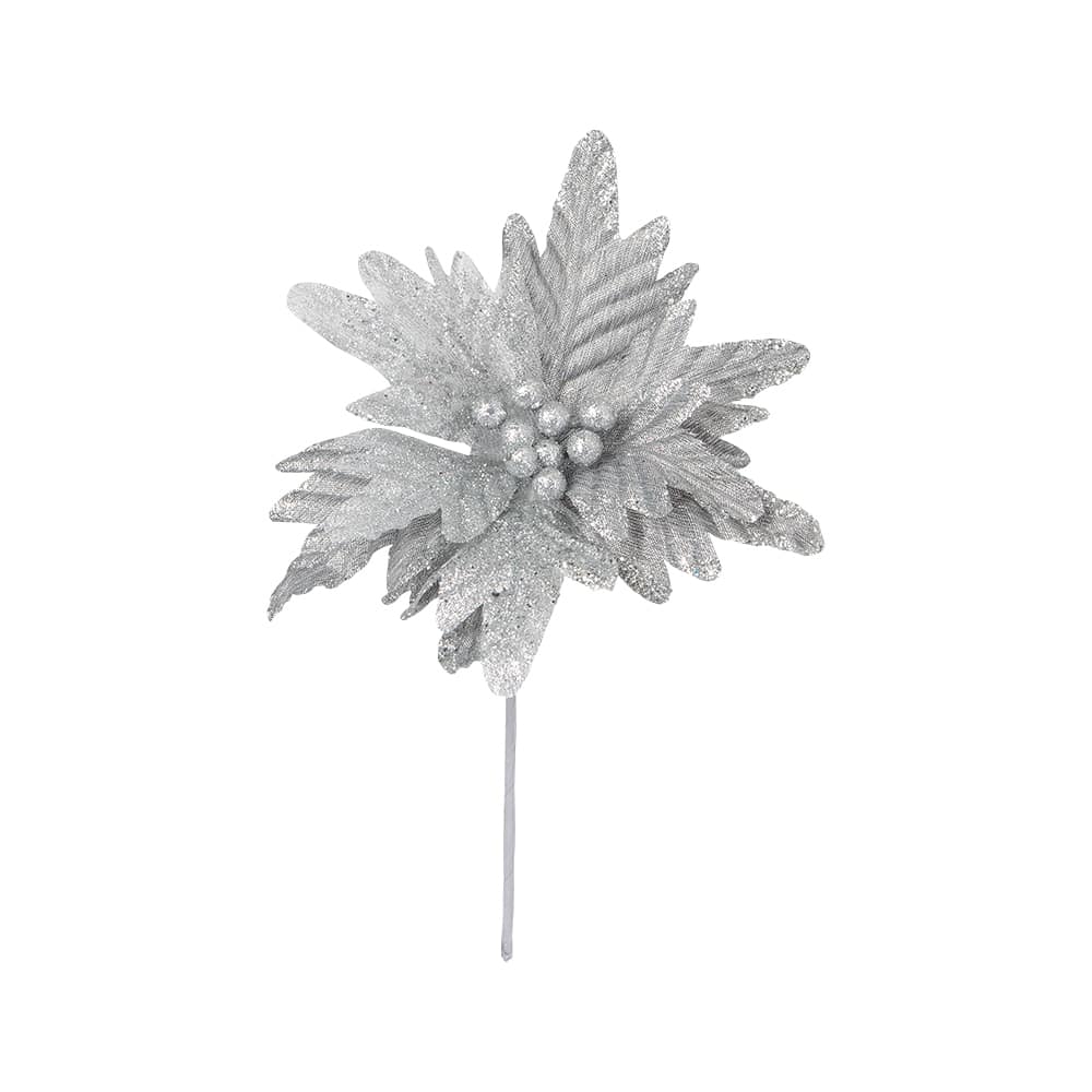 Pic décoratif poinsettia argent 8 po