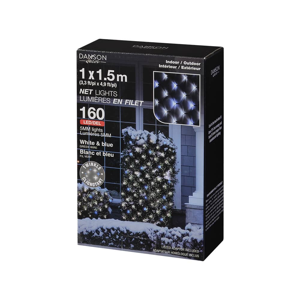 Jeu de 160 lumières DEL en filet Blanc et bleu