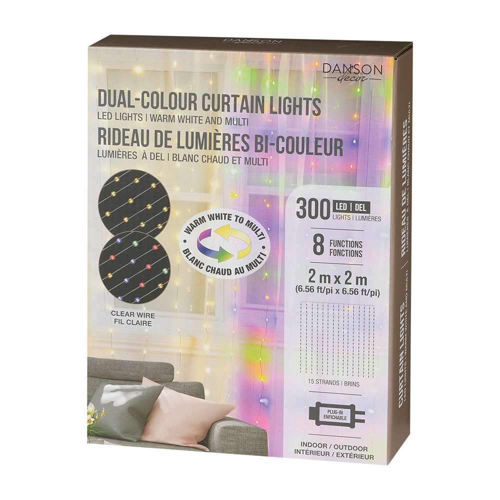 Rideau de lumières à DEL blanc chaud et multicolore