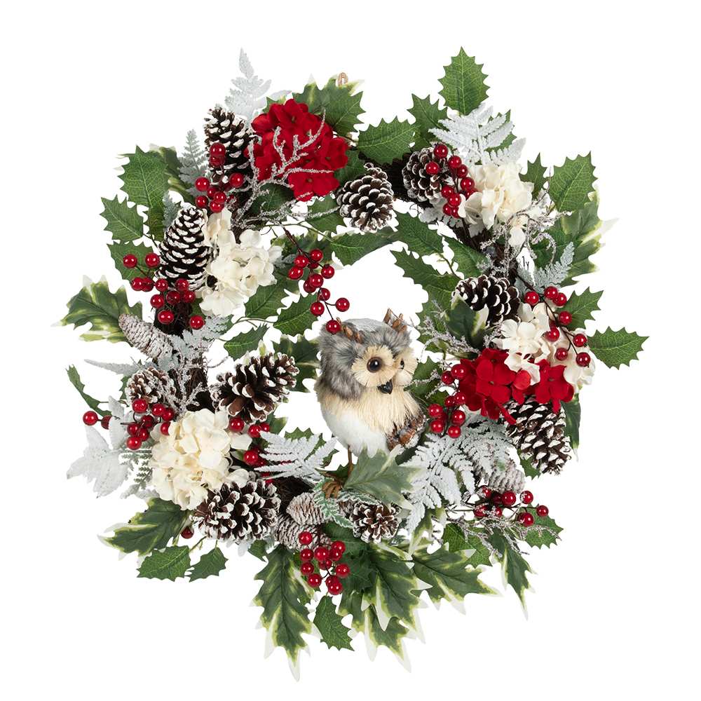 Couronne de Noël hibou et fleurs 24 po VERTUO