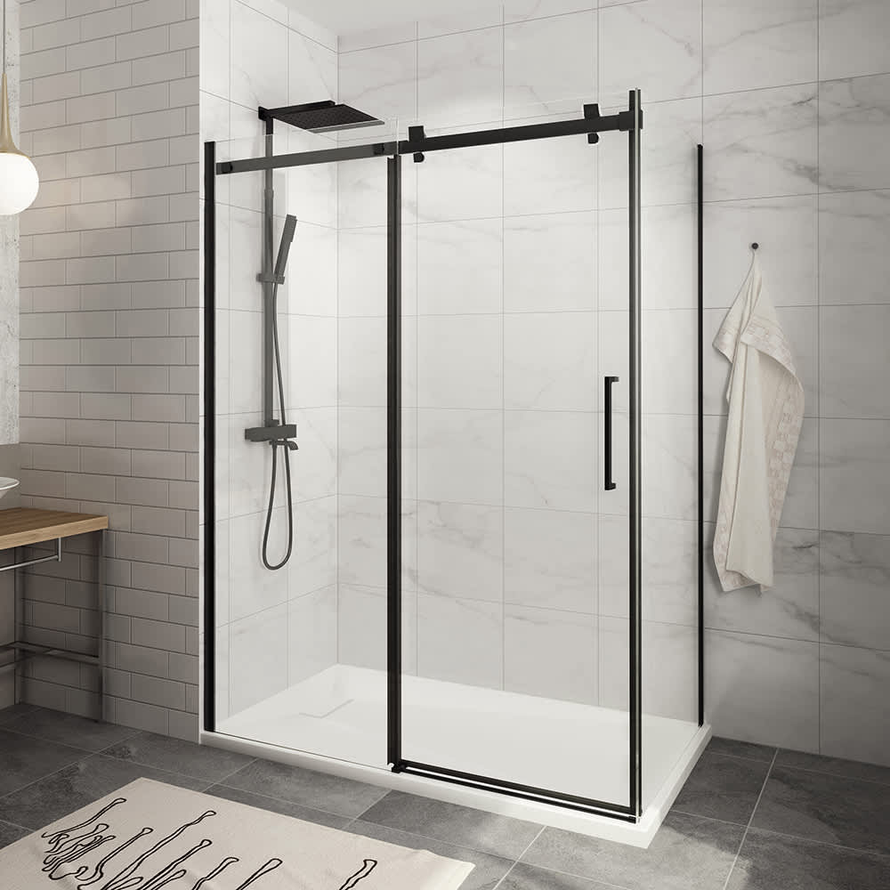 Douche en coin Alaska à base surbaissée finition carrée noire 60 po x 32 po TASSILI SUPRA