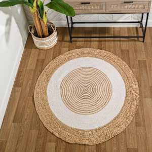 Tapis d'intérieur rond Delhi naturel et blanc 4 pi VERTUO