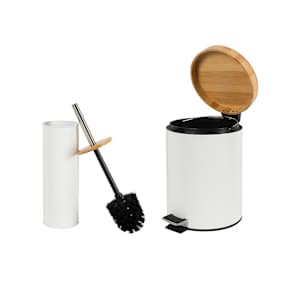 NEKTRA Step Trash Bin and Toilet Brush with Holder White and Bamboo