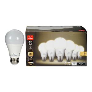 Ampoule DEL A19 blanc chaud 9 W Pqt/6