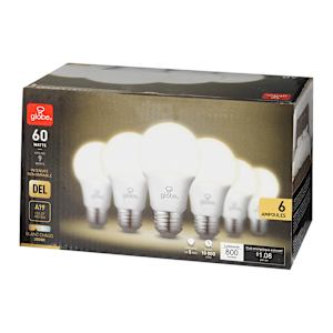 Ampoule DEL A19 blanc chaud 9 W Pqt/6