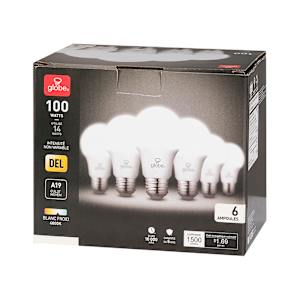 Ampoules DEL A19, 14 W blanc froid Pqt/6