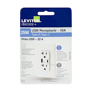 Prise de courant 20 A sécurisée Decora + 2 prise USB