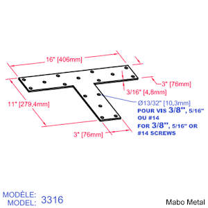 Beam Reinforcement T Plate (n° 3316) 16 in. x 11 in. x 3/16 in.