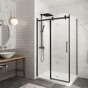 Douche en coin Alaska finition carrée noire 48 po x 32 po TASSILI SUPRA