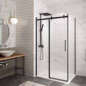 Douche en coin Alaska à base surbaissée finition carrée noire 48 po x 32 po TASSILI SUPRA