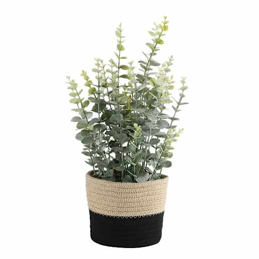 Plante artificielle eucalyptus avec pot en tissu beige et noir VERTUO