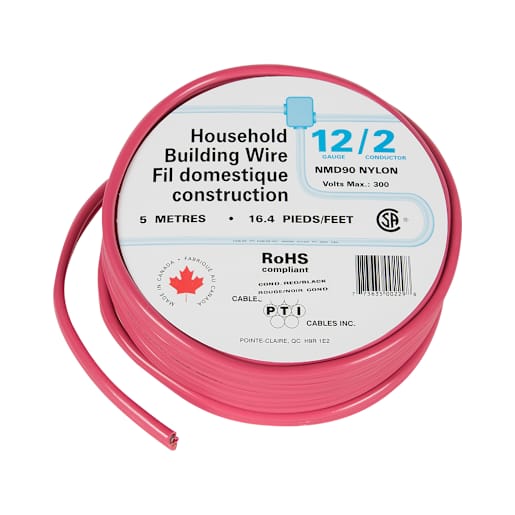 Fil électrique d'intérieur NMD-90, 12/2 rouge 5 m