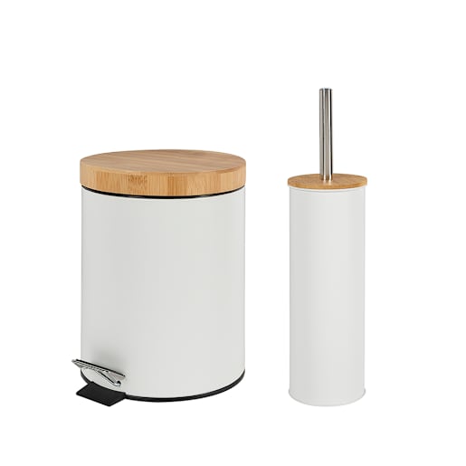 NEKTRA Step Trash Bin and Toilet Brush with Holder White and Bamboo