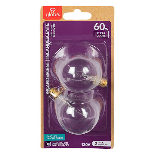 G16 Incandescent Light Bulbs 60 W Pkg/2