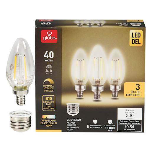 B10 Warm White LED Light Bulb 4.5 W Pkg/3