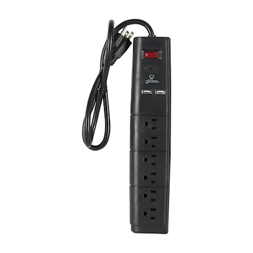 6-Outlet and 2-USB Ports Power Bar Black 3 ft.