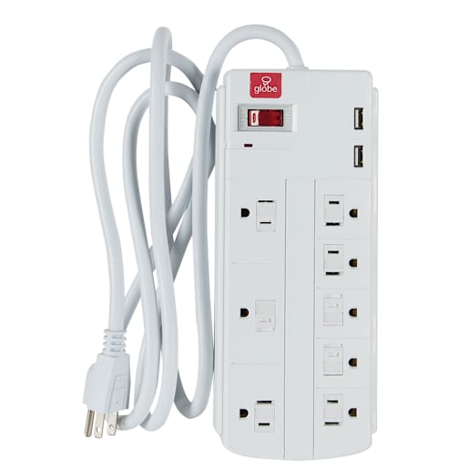 Barre d'alimentation blanche à 8 prises et  2 ports USB 3 pi
