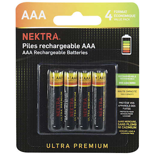 NEKTRA Ultra Premium Rechargeable Batteries AAA Pkg/4