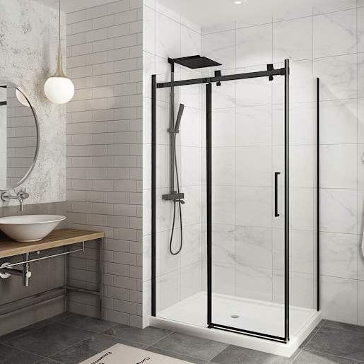 Douche en coin Alaska finition carrée noire 48 po x 32 po TASSILI SUPRA