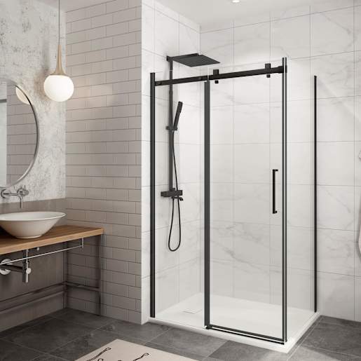 Douche en coin Alaska à base surbaissée finition carrée noire 48 po x 32 po TASSILI SUPRA