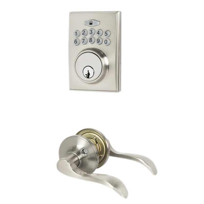 Serrure de porte d'entrée numérique et poignée bec-de-cane Seville nickel satiné