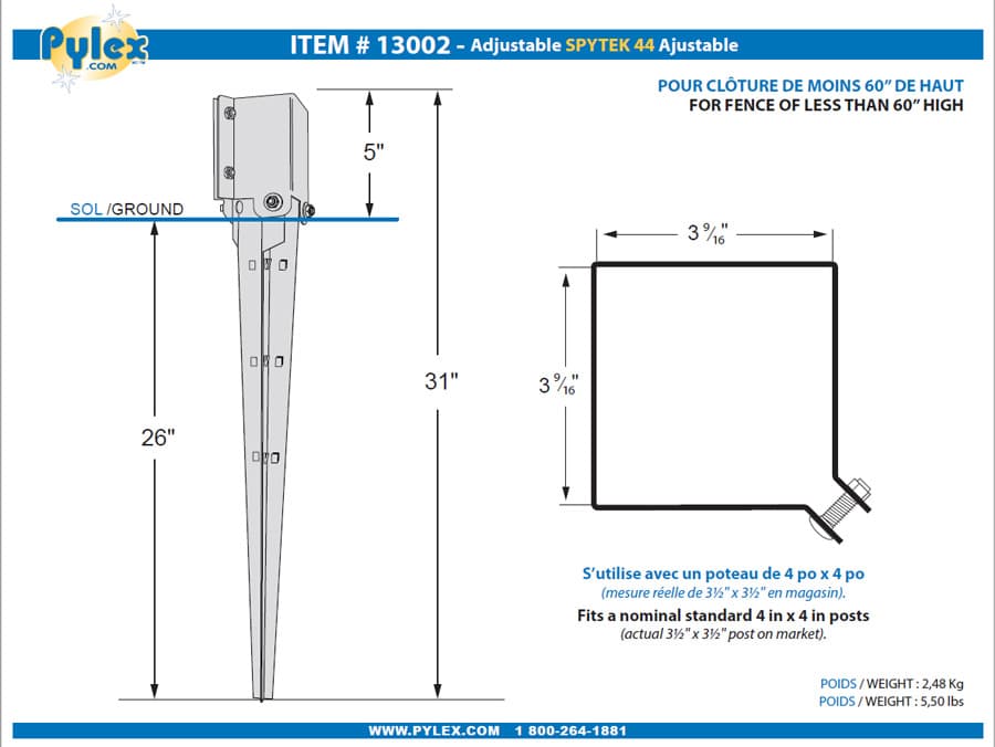 Pieu de sol ajustable pour poteau 4&nbsp;x&nbsp;4 PYLEX