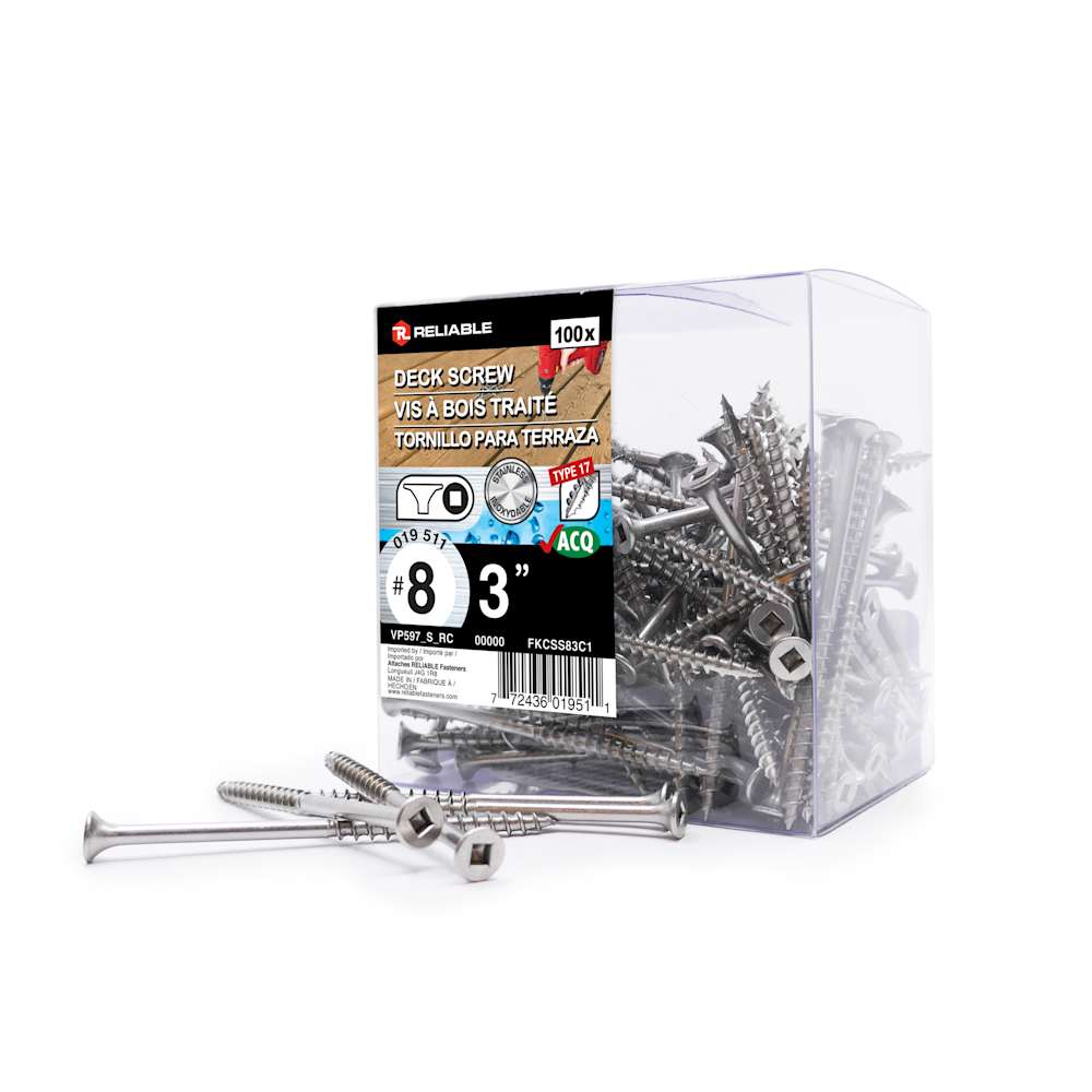 Stainless Steel Treated Wood Screws 3&nbsp;in. n° 8 F.H. Pkg/100