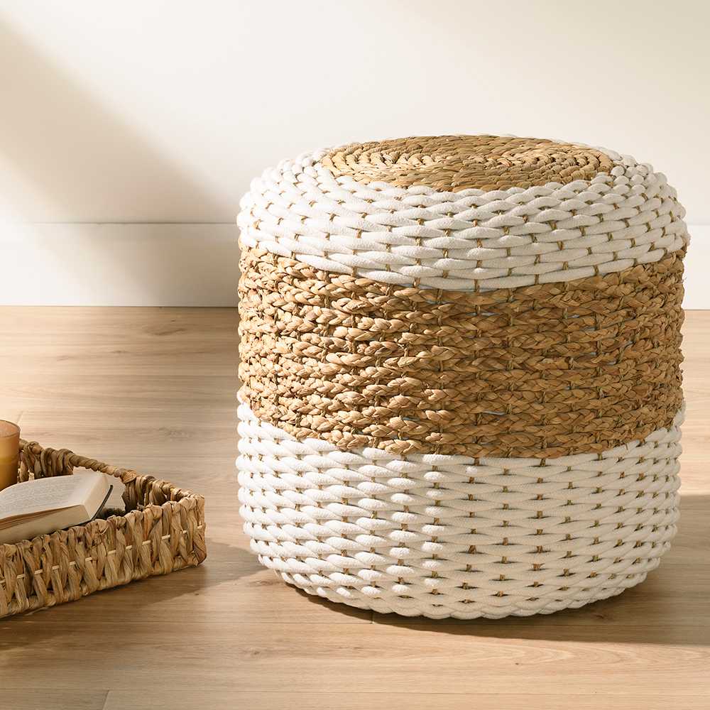 Pouf tressé naturel et beige 17 3/4 po x 16 7/8 po VERTUO