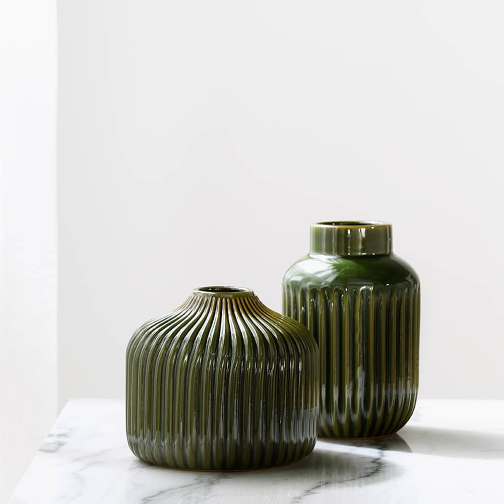 VERTUO Decorative Ceramic Vase Grooves Green