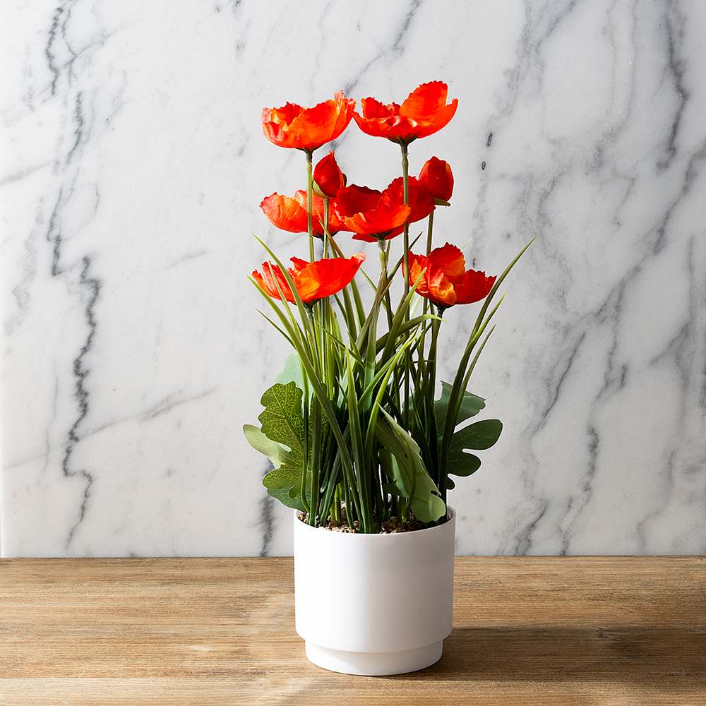 Artificial Orange Flowers Plant with White Plastic Pot 13 3/8 in.