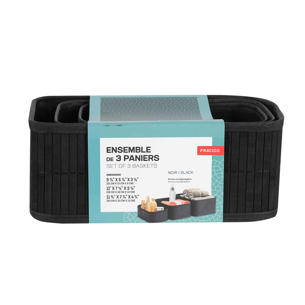 Ensemble de 3 paniers de rangement en bambou noir PRATICO