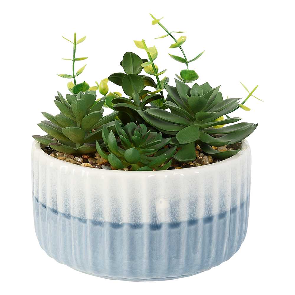 ASTELLA Artificial Succulent Plants with Blue Ceramic Pot