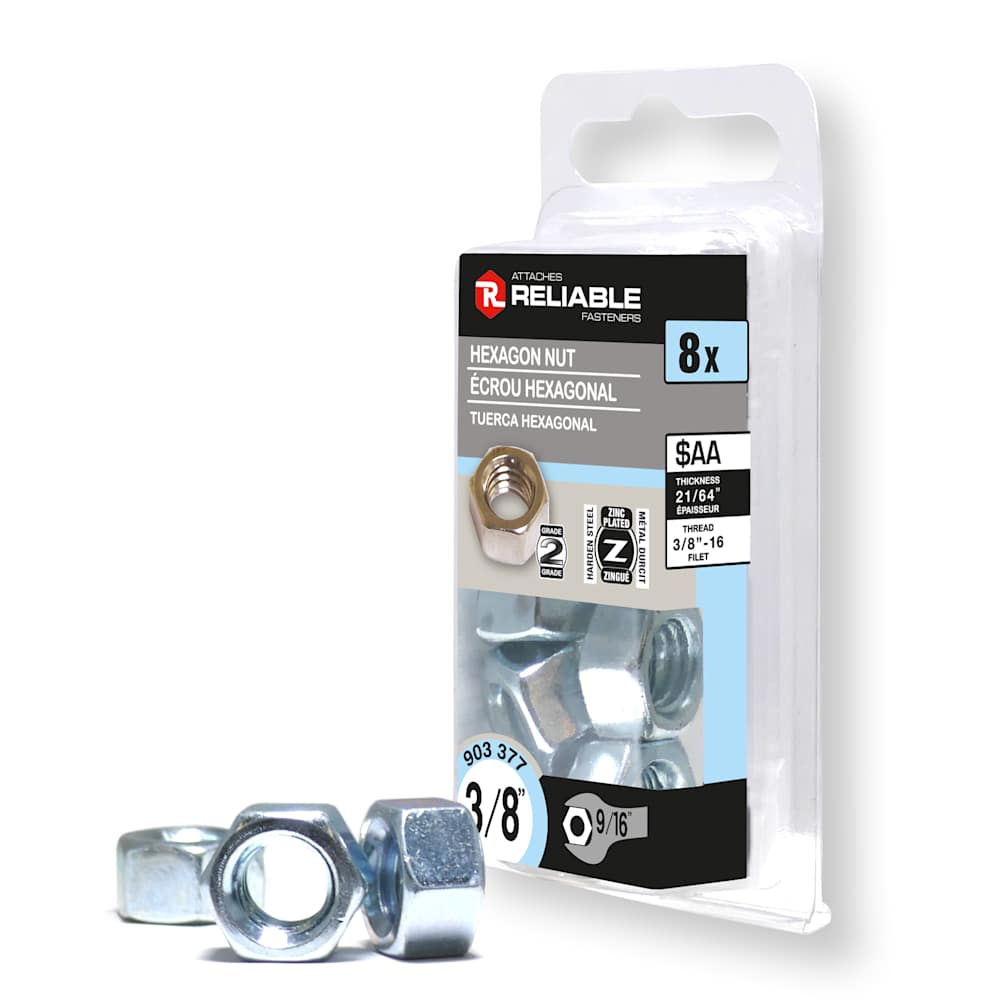 Écrous hexagonaux 3/8 po Pqt/8