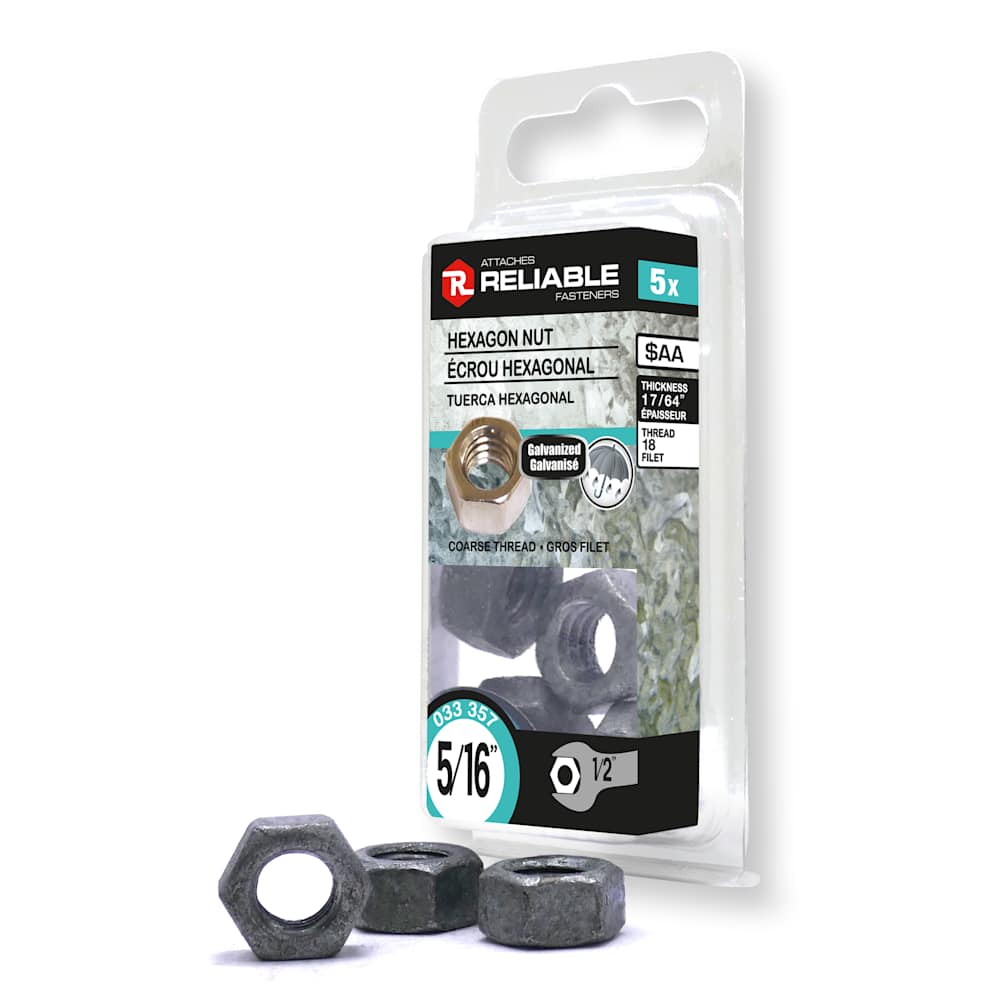 Écrous hexagonaux galvanisés 5/16&nbsp;po&nbsp;Pqt/5