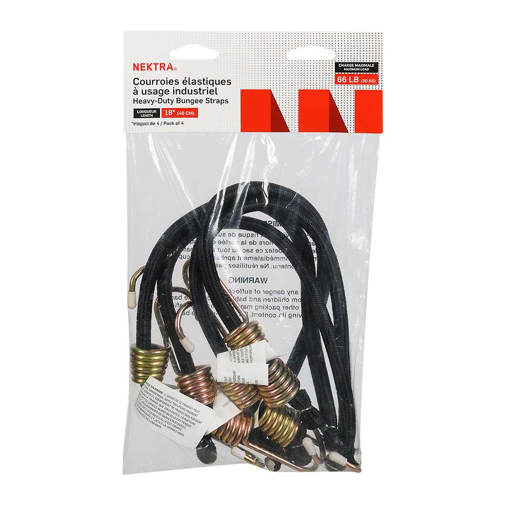 NEKTRA Industrial Bungee Cords 18&nbsp;in. Pkg/4