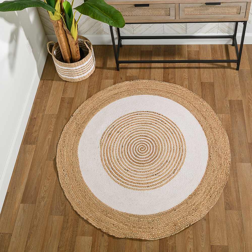 Tapis d'intérieur rond Delhi naturel et blanc 4 pi VERTUO