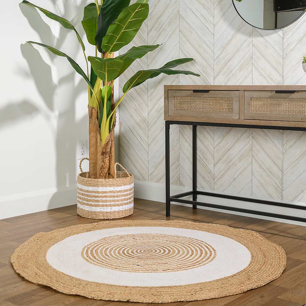 Tapis d'intérieur rond Delhi naturel et blanc 4 pi VERTUO