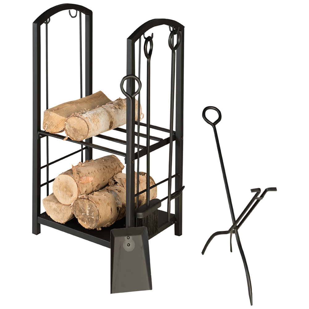 Porte-bûches avec 4 accessoires de foyer