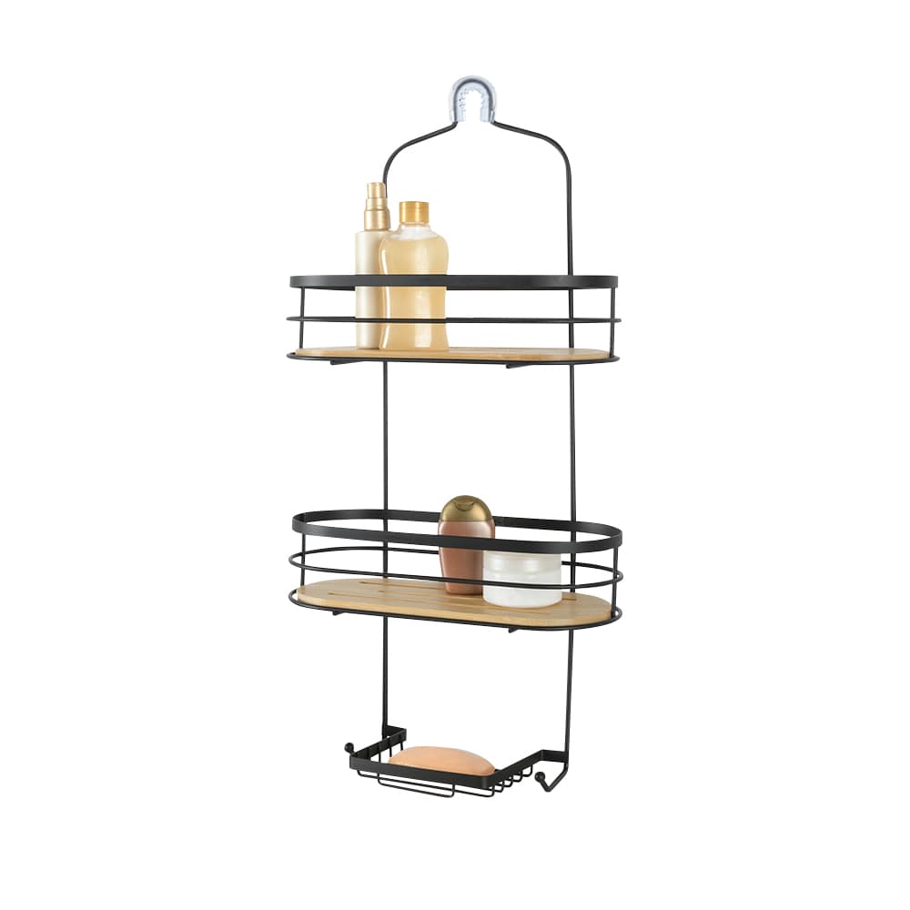 Valet de douche bambou et métal noir