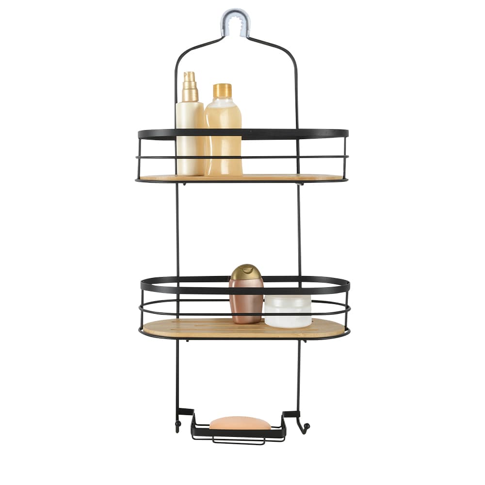 Valet de douche bambou et métal noir